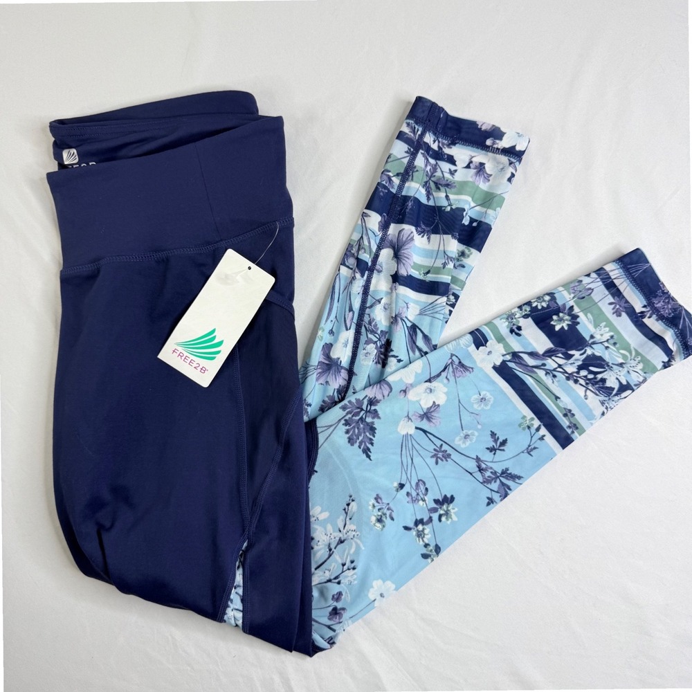 Free2B Active Womens XL Navy Blue Floral Striped Mesh Side Pocket Leggings NWT